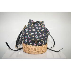 Prada Wicker Canvas Floral Bird Print Drawstring Bucket Bag Black